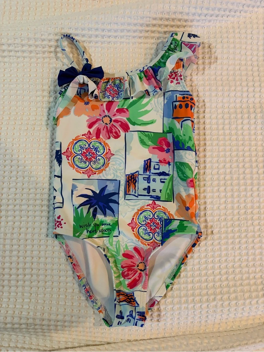 Girls One-Shoulder Floral Tile Print Swimsuit - Multicolor